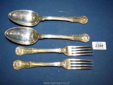 Two Silver serving Spoons and dinner forks, London 1813, maker TB, in Kings (hour glass) pattern,