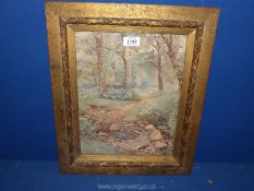 In the manner of Eleanor Brickdale, Watercolour of woodland and stream,