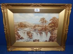 An ornate gilt framed watercolour depicting a Welsh landscape depicting a rocky stoned river with