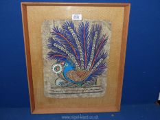 A framed painting of a tropical bird on handmade paper, no signature.