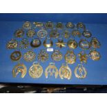 A quantity of horse brasses including Victoria jubilee, fleur de lys, fox, etc.