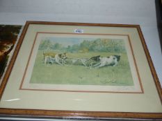 A framed and mounted Joy Hawker limited edition print of Two terriers playing with a piece of