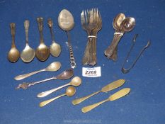 A quantity of plated cutlery including six Walker & Hall teaspoons, sugar tongs, mustard spoons,