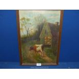 A wooden framed Oil on Windsor canvas depicting Two cattle walking the track back to the barn,