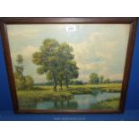 A wooden framed print depicting a river scene with fields, trees and rolling hills in the distance,