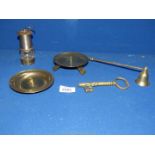A quantity of brass items to include a miniature miners lamp, two candle holders,