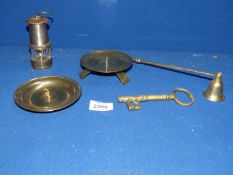 A quantity of brass items to include a miniature miners lamp, two candle holders,