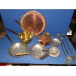 A quantity of copper including frying pans, small warming pan with brass handle, tray,