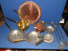 A quantity of copper including frying pans, small warming pan with brass handle, tray,