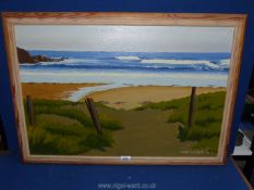 An oil painting by Meurig Williams of a North Wales beach scene (20" x 30").