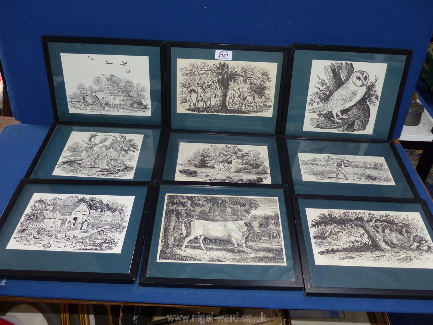 A collection of nine black and white Prints after Thomas Bewick depicting rural scenes including