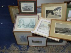 A quantity of pictures to include; Limited Edition etchings of Hereford Cathedral,