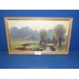 A small wooden framed oil on board depicting a river lined with trees and fields on both sides,