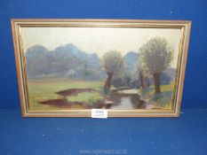 A small wooden framed oil on board depicting a river lined with trees and fields on both sides,