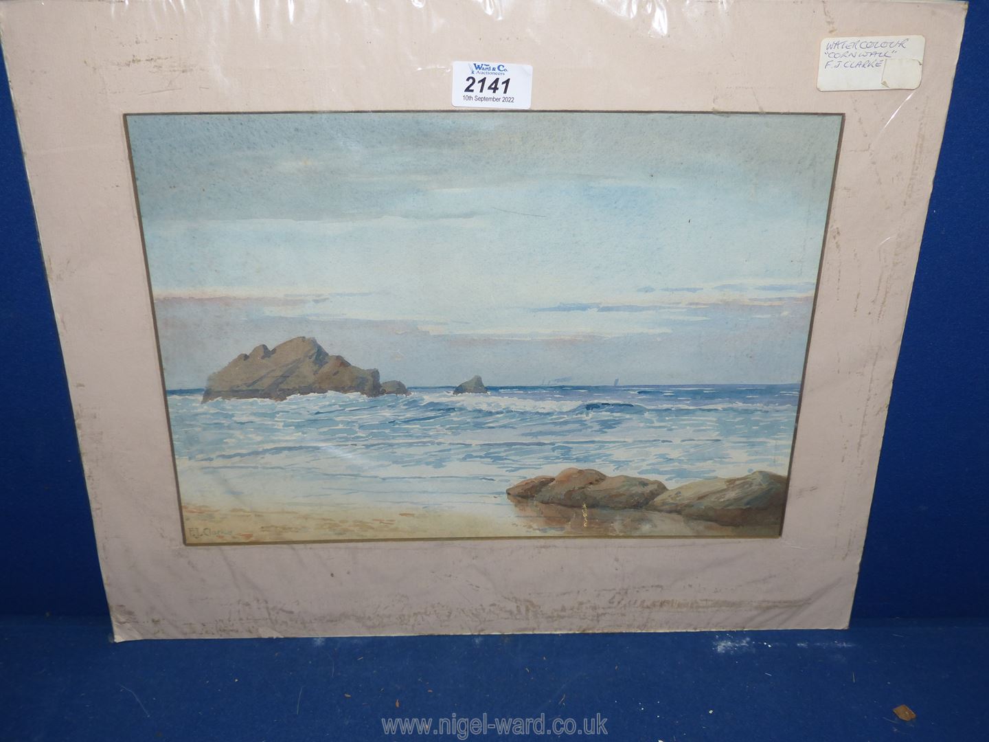 An F.J. Clarke Watercolour of the Cornish coast, signed.