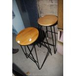 A pair of metal frame, wooden top stools, 28" high.