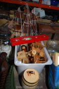 A box containing an old child's wooden train, wooden doll, storage boxes and wooden ship etc.