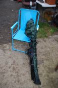 A fishing Umbrella/Tent, cased and a folding Tesco chair.