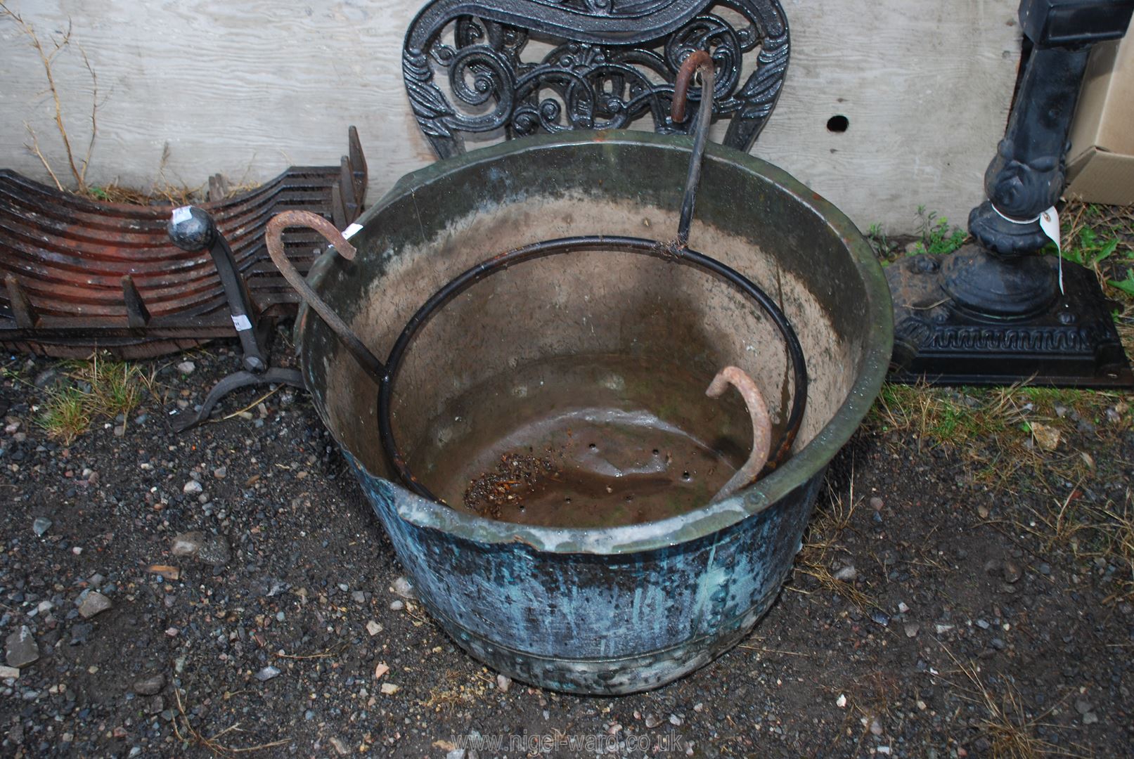 A riveted Copper boiling Pot, converted to planter and stand or useful as a log box, - Image 2 of 2