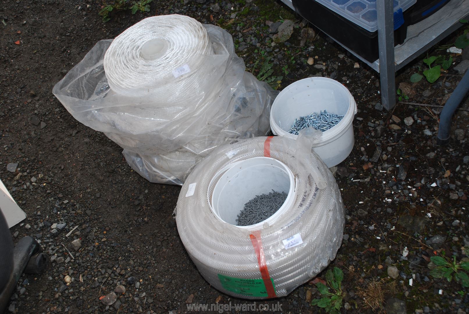 Nylon cord, roll of plastic pipe "Ragno Antigelo", plus two tubs of nails and staples.