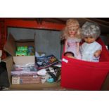 A tub of dolls, jigsaws, scales, shoe stretchers, etc.