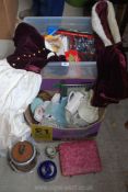 A plastic box of books and mixed china, child's bridesmaid dress and cloak, etc.