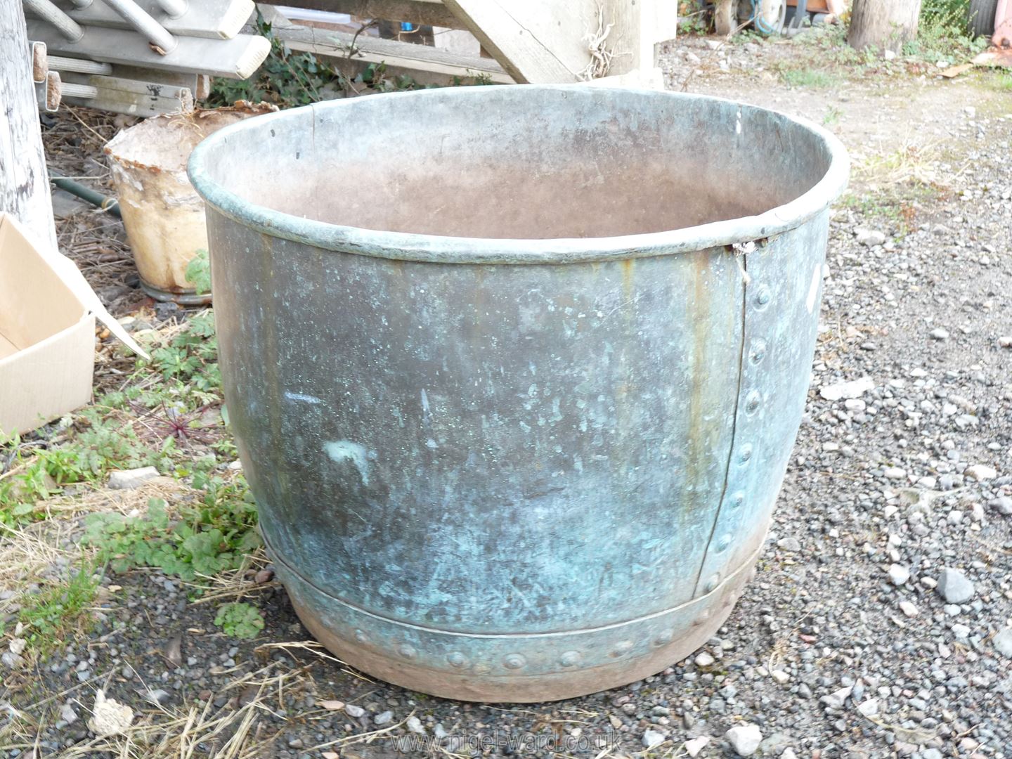 A riveted Copper boiling pot, converted to a planter or useful as a log box, - Image 12 of 14