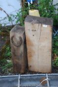 Two Oak pillars, one 23'' high x 7'' square with horse shoes nailed around top,