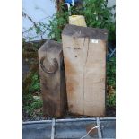 Two Oak pillars, one 23'' high x 7'' square with horse shoes nailed around top,