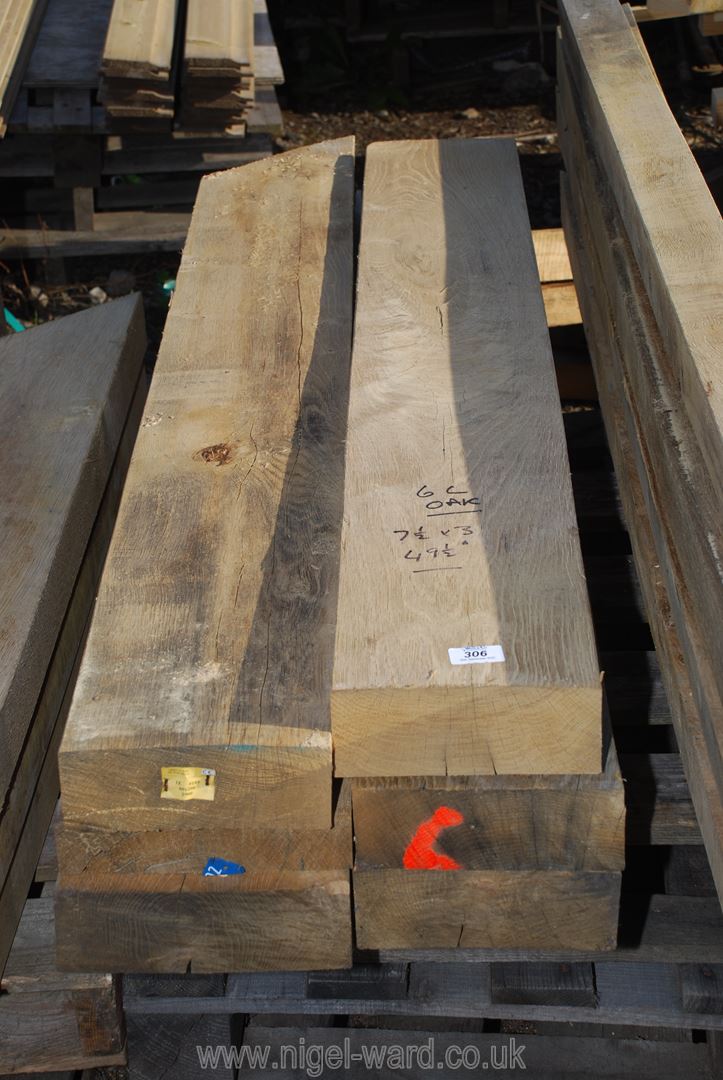 Six lengths of oak 7 1/2" x 3" x 49 1/2" long.