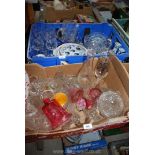 Two boxes of glass including bowls, decanter, coloured bell and glasses.