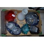 A box of mixed and coloured cut glass, coasters and vases.