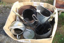 A galvanised watering can, coal scuttles, fire irons etc.