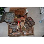 Two boxes, contents to include chains, workshop items, Esso Flit sprayer, fishing hooks, etc.