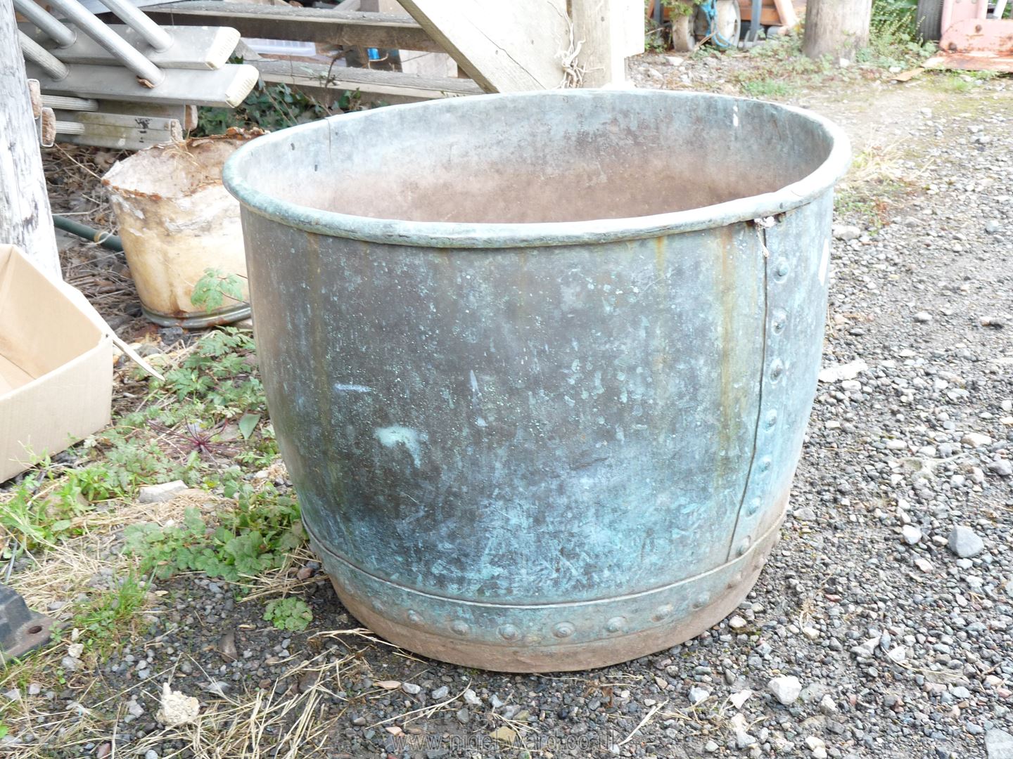 A riveted Copper boiling pot, converted to a planter or useful as a log box, - Image 13 of 14
