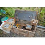 A wooden chest of assorted nails; 6" & 5", galvanised roofing nails, staples small/large, etc.