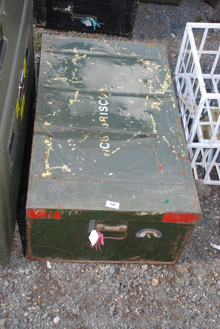 A large metal military trunk, 34" x 20" x 12".