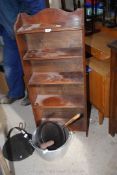 A cast iron skillet, aluminium jam pan, shoe last, range pan, bookcase etc.