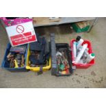 Four boxes of mixed tools, expanding foam, tool belts, etc.