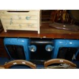 A blue painted tractor bar, 63" wide x 25 1/2" deep x 38" high.