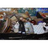 Three boxes of glass, china, table mats, pictures etc.