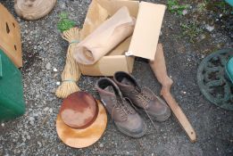 A pair of work boots (size 13), gun stock, rope etc.