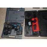 A Bosch cordless drill with charger and 2 batteries, plus a cordless drill.