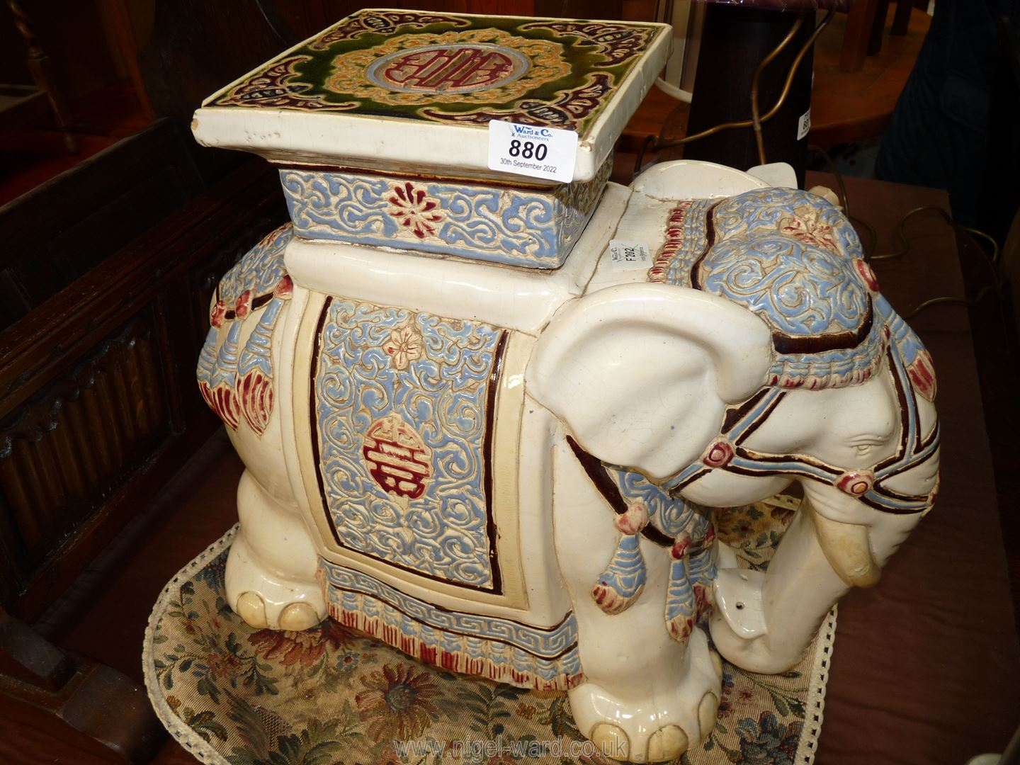 A large china elephant seat.