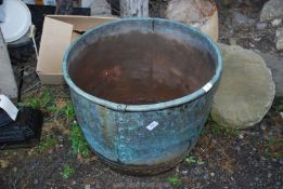 A riveted Copper boiling pot, converted to planter, 23'' diameter x 17'' high.