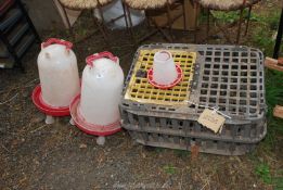 A plastic chicken carrier and drinkers, a/f.