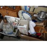 Three boxes containing mixed china, champagne bucket, 4 new picture frames etc.