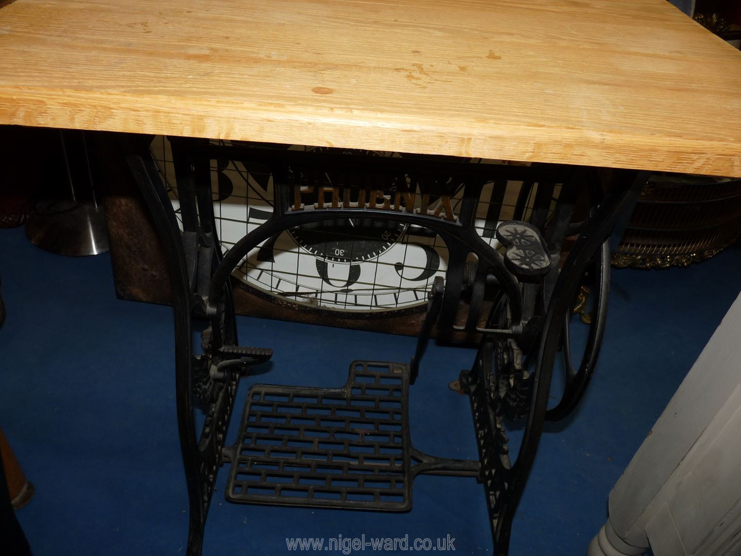 An occasional table with cast iron 'Pheonix' sewing treadle base, 30" x 27" x 18". - Image 3 of 3