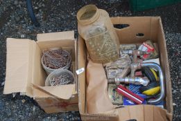 A box of miscellanea including screws, mixer tap, oval nails etc.