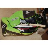 A Kookabara cricket bag, knee pads, helmet, bat, etc.